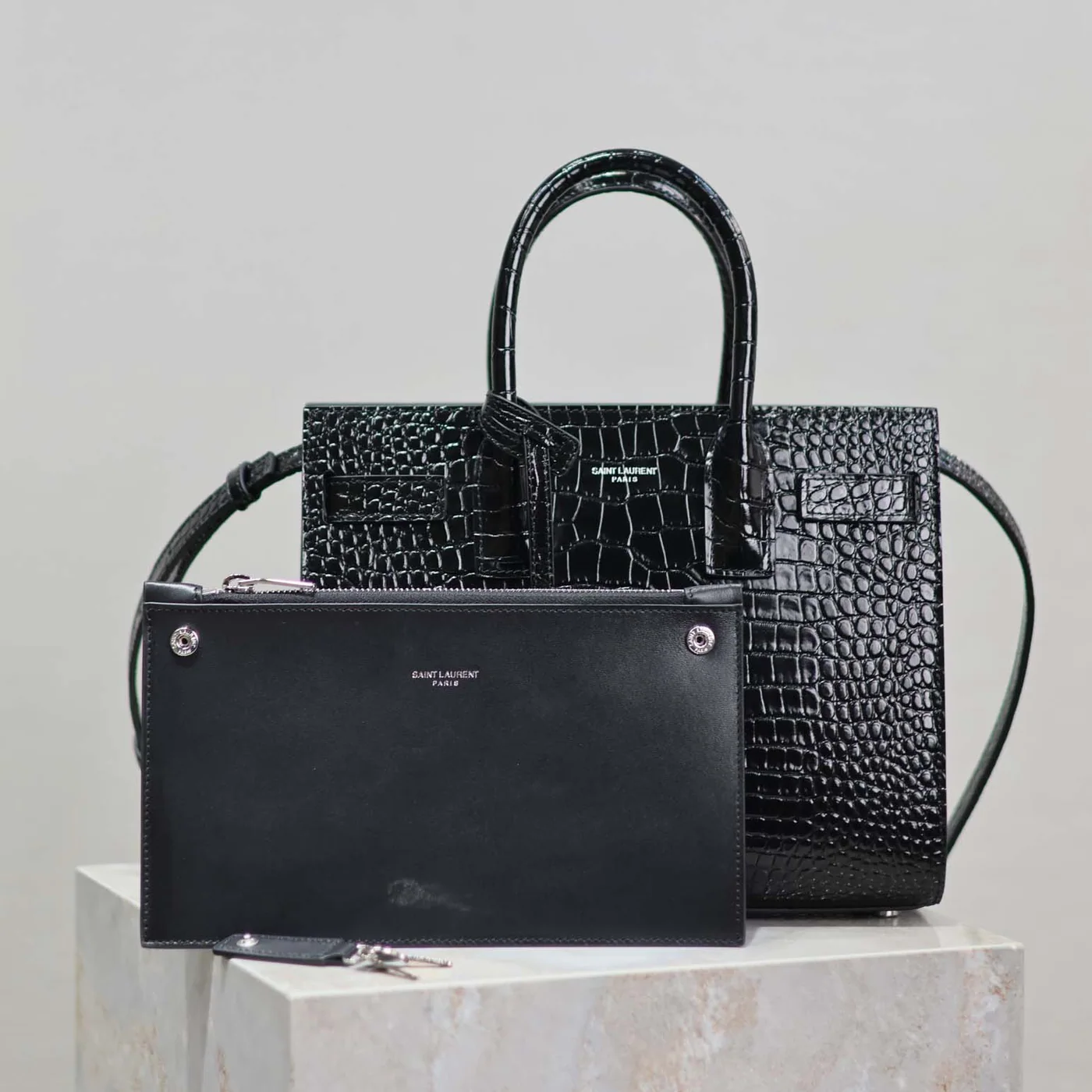 Saint Laurent YSL Sac De Jour in Embossed Crocodile Leather Baby for Women in Black