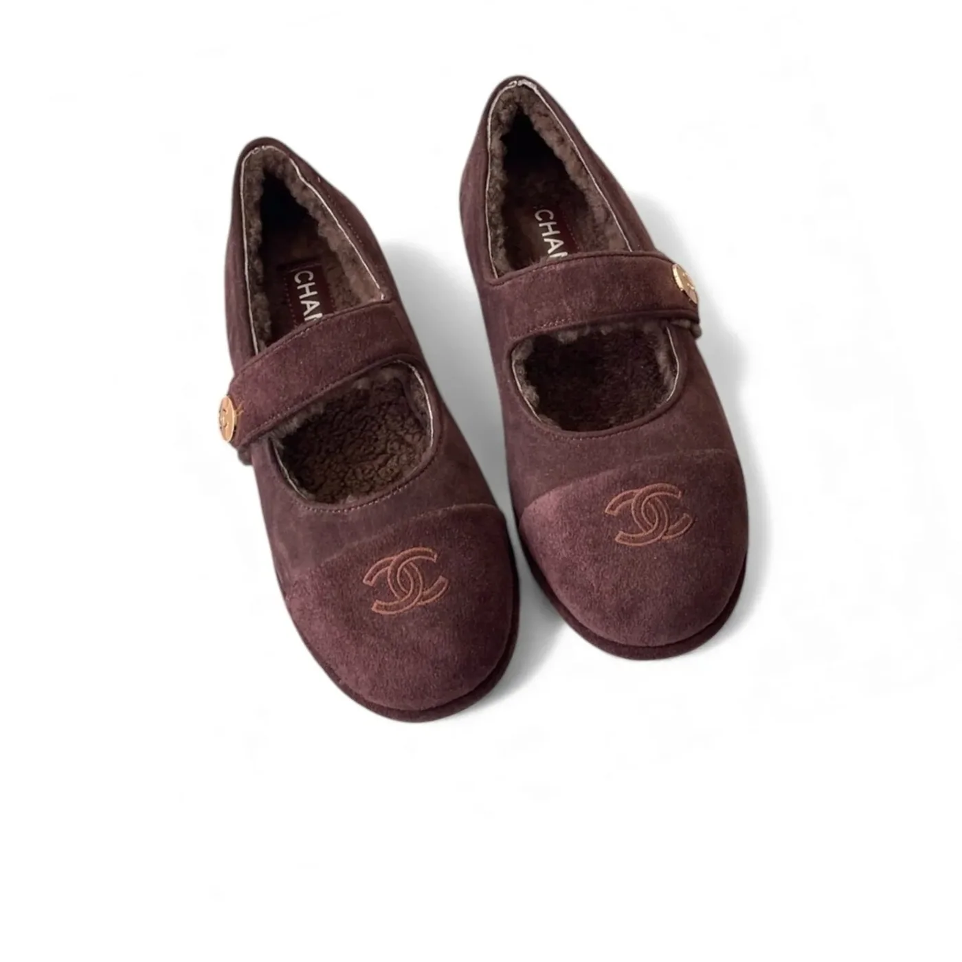 Chanel Mary Jane Flats Burgundy Suede Shearling Chanel Mary Jane Flats Burgundy Suede Shearling