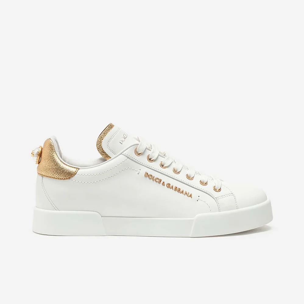 Dolce Gabbana D&G Shoes Leather Sneakers with Logo Bead for Women in White