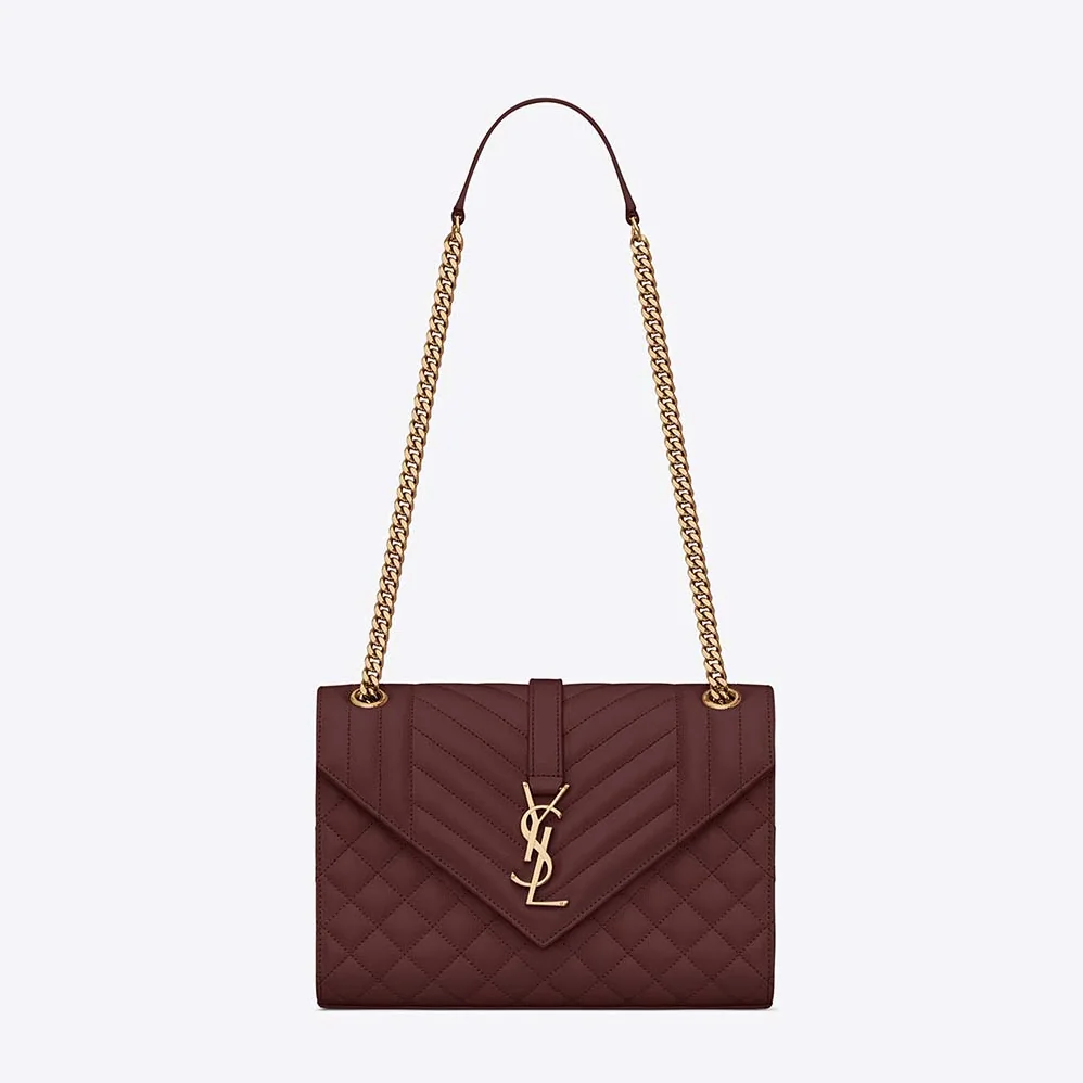 Saint Laurent YSL Envelope Medium Bag in Mix Matelasse Grain DE Poudre Embossed Leather for Women in Maroon