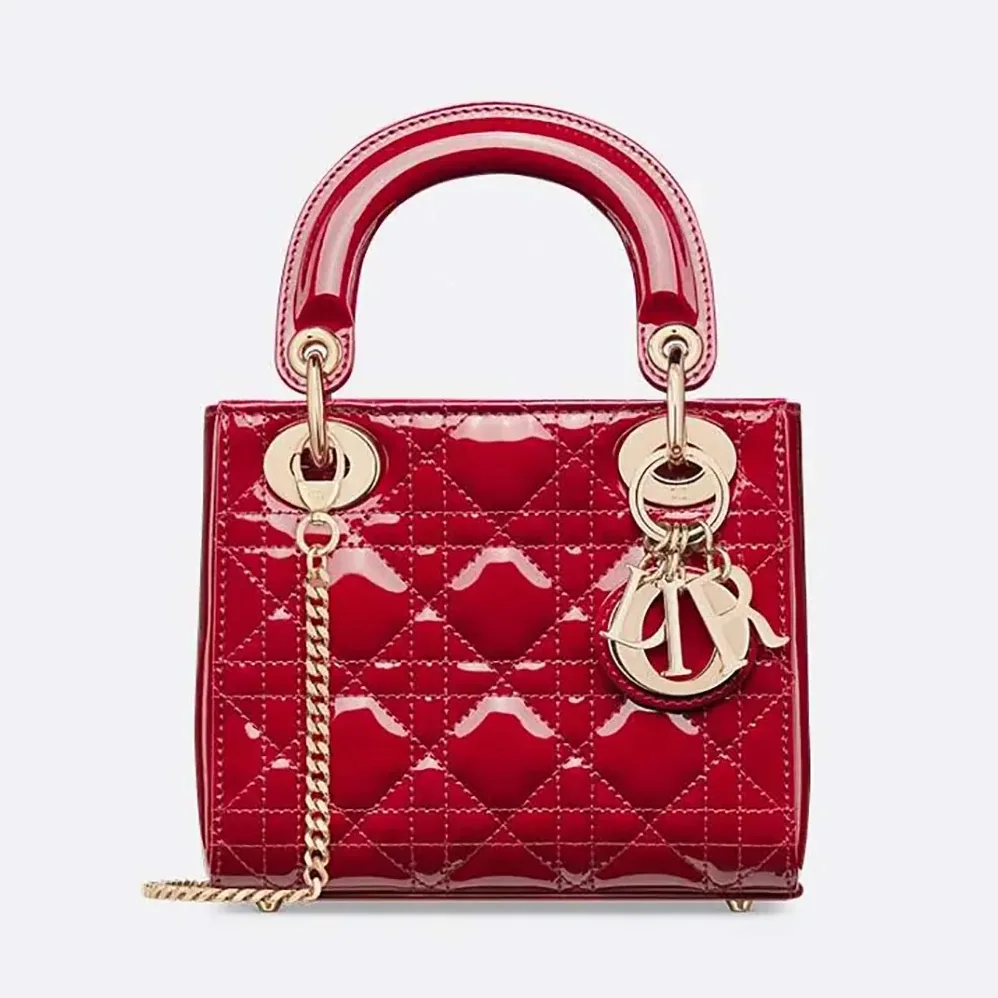 Dior Mini Lady Dior Bag Cherry Red Patent Cannage Calfskin for Women