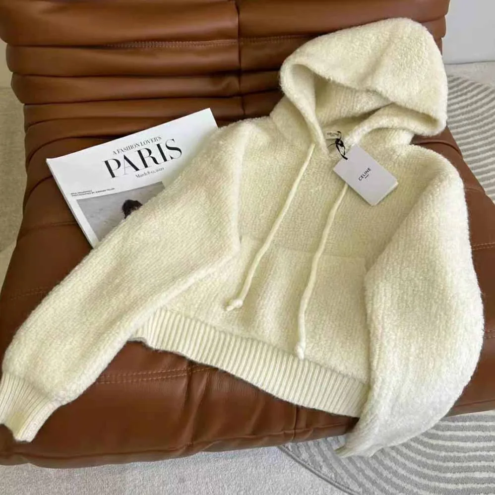 Celine Sweater with Hood in Micro Fur Alpaca Wool for Women