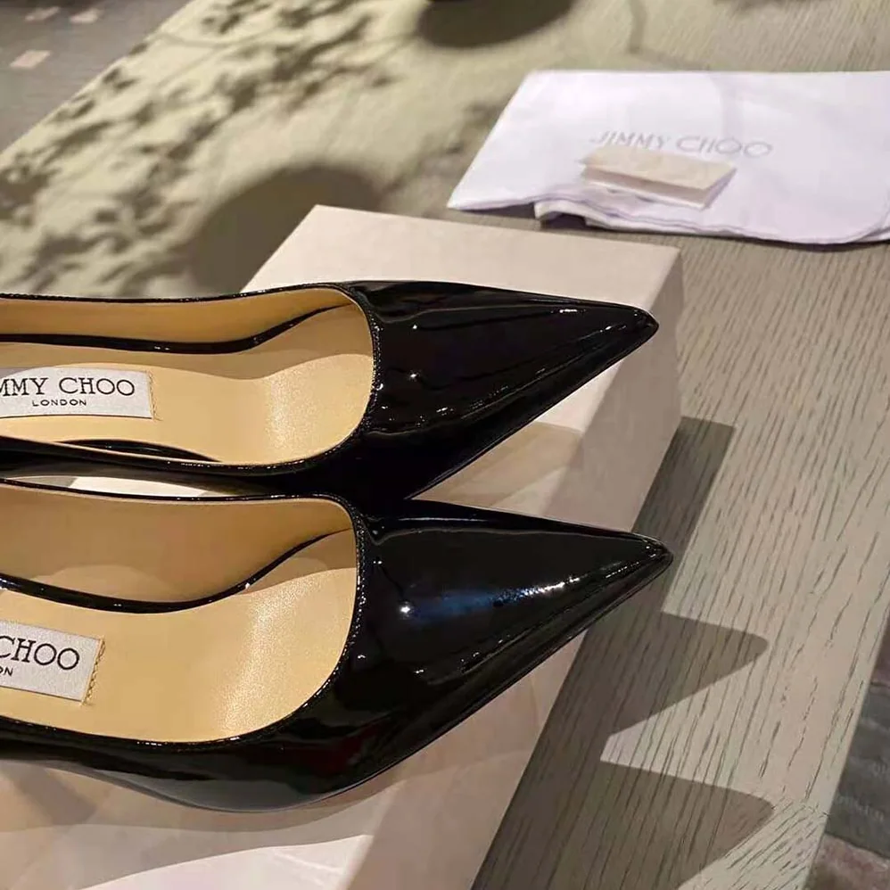 Jimmy Choo Love 100 Black Patent Leather Point-Toe Pumps with JC Emblem for Women Jimmy Choo Love 100 Black Patent Leather Point-Toe Pumps with JC Emblem for Women