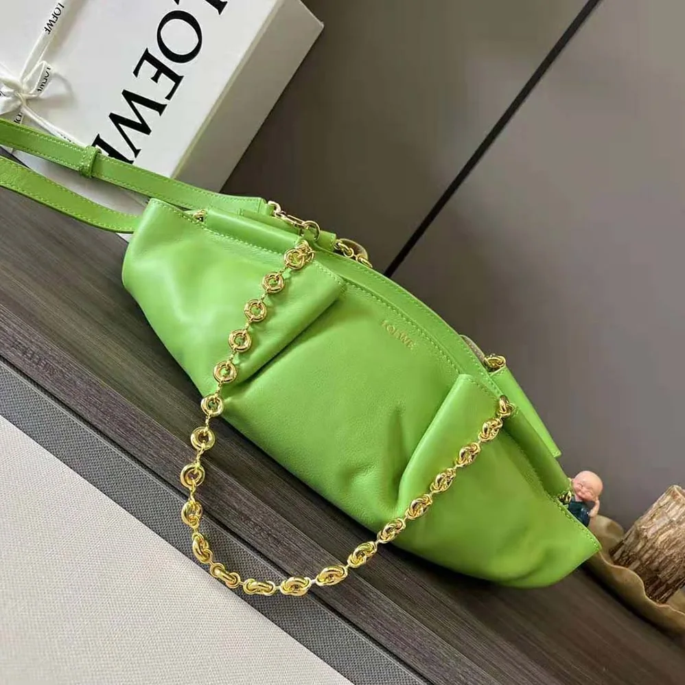 Loewe Small Paseo Bag in Shiny Nappa Calfskin with Chain for Women in Green