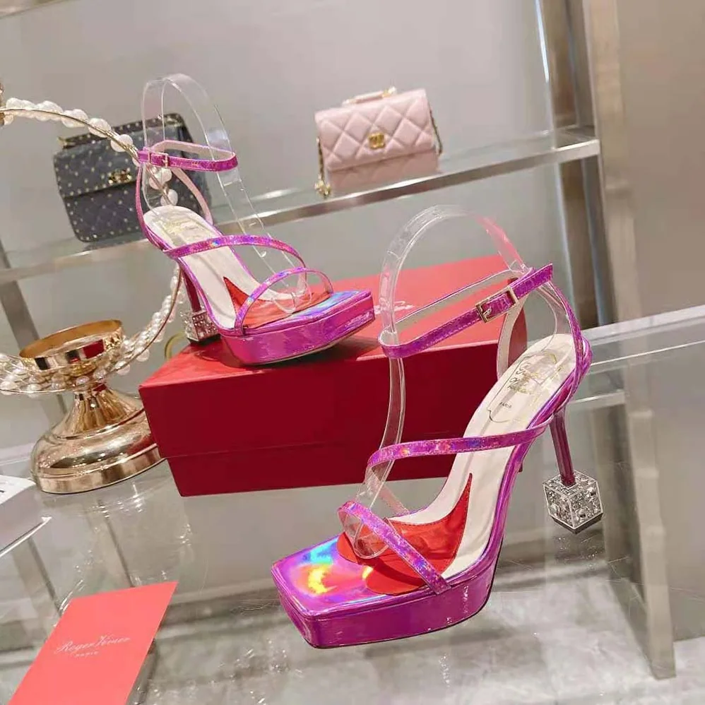 Roger Vivier Cube Strass Heel Sandals in Leather for Women in Purple Roger Vivier Cube Strass Heel Sandals in Leather for Women in Purple