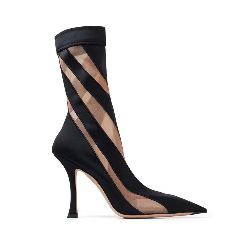 Jimmy Choo Mugler Sock Ankle Boot Black and Nude Sheer Spiral Stretch Fabric for Women