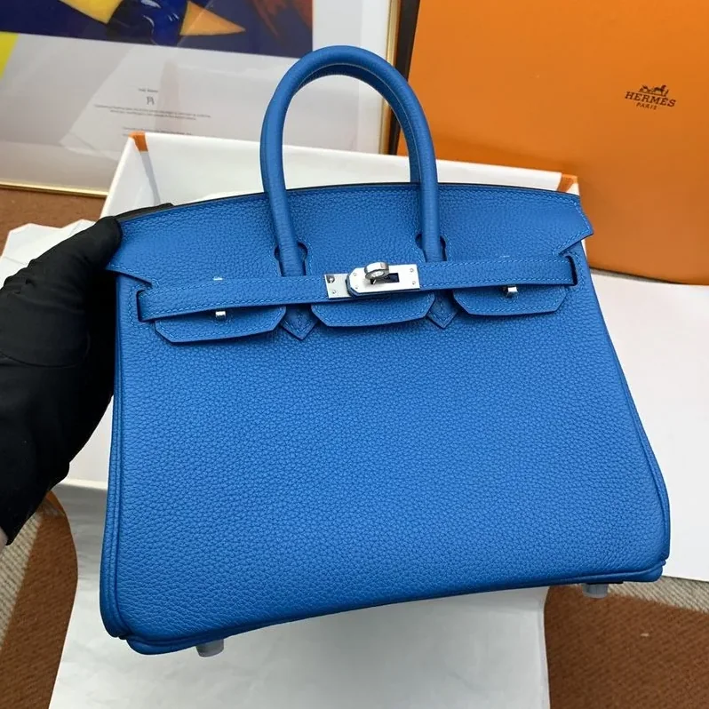 Hermes Birkin Top Handle Bag / Nata Togo Leather Blue Silver Hardware