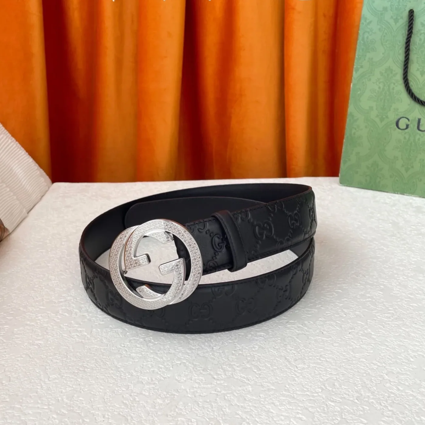 Gucci Iconic GG Buckle Belt Embossed Black With Silver Bling Buckle Gucci Iconic GG Buckle Belt Embossed Black With Silver Bling Buckle