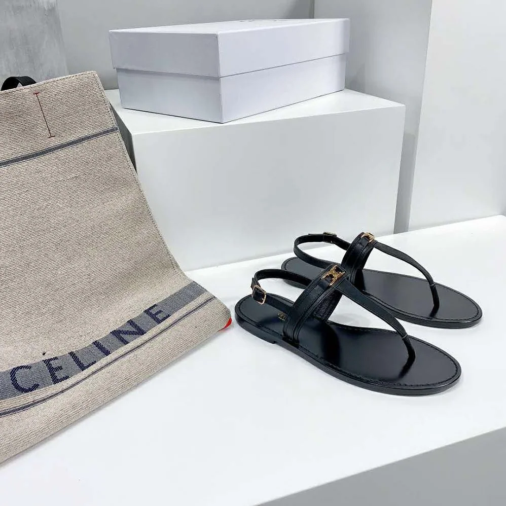 Celine Triomphe Thong in Calfskin for Women in Black Celine Triomphe Thong in Calfskin for Women in Black