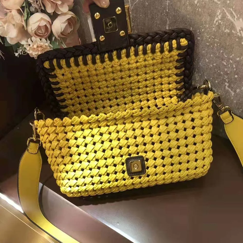 Fendi Lconic Medium Baguette Leather Interlace Bag for Women in Yellow