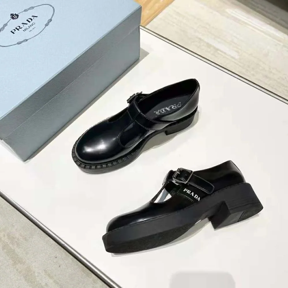 Prada Brushed-Leather Mary Jane T-strap Shoes for Women in Black Prada Brushed-Leather Mary Jane T-strap Shoes for Women in Black