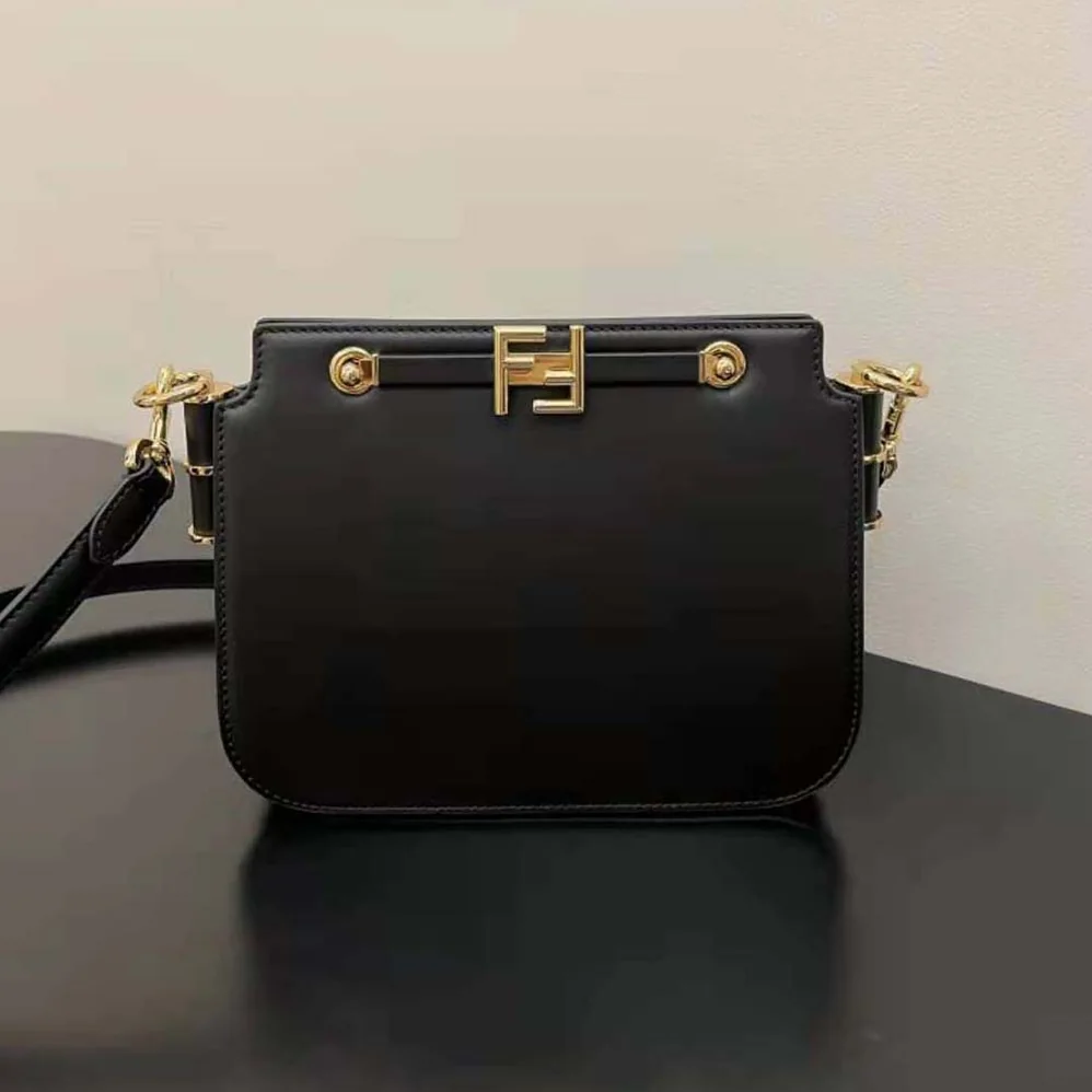 Fendi Touch Leather Bag with A Metal FF Clasp for Women in Black Fendi Touch Leather Bag with A Metal FF Clasp for Women in Black