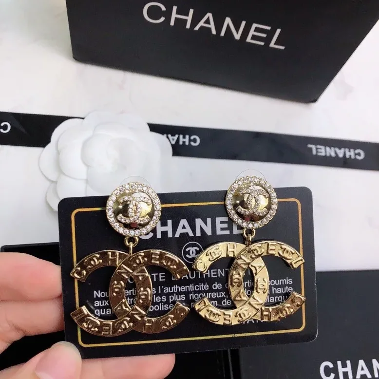 Chanel Engraved Pattern Douple C Earrings Gold Tone Chanel Engraved Pattern Douple C Earrings Gold Tone
