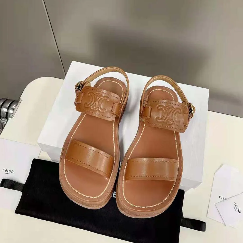 Celine Clea Triomphe Sandal in Vegetal Calfskin for Women in Brown Celine Clea Triomphe Sandal in Vegetal Calfskin for Women in Brown