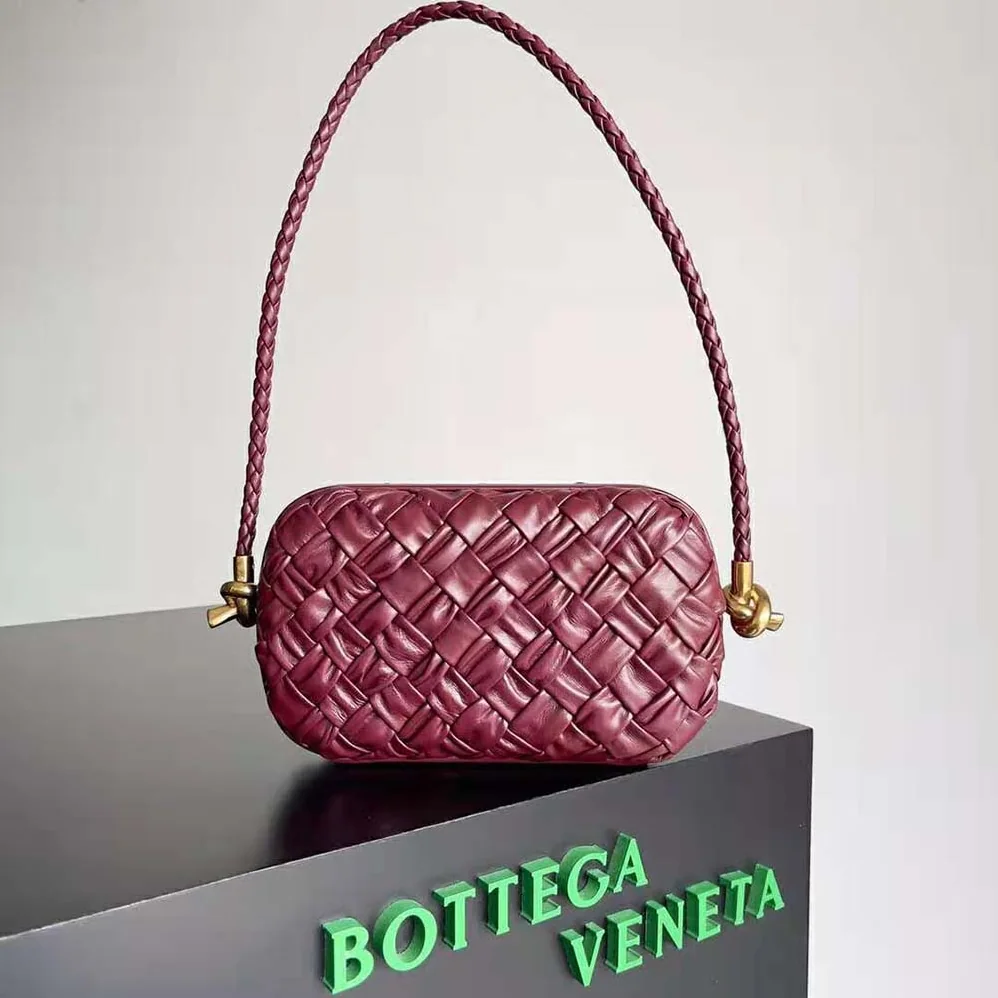 Bottega Veneta Knot On Strap Foulard Intreccio Leather Minaudiere with Strap for Women in Maroon