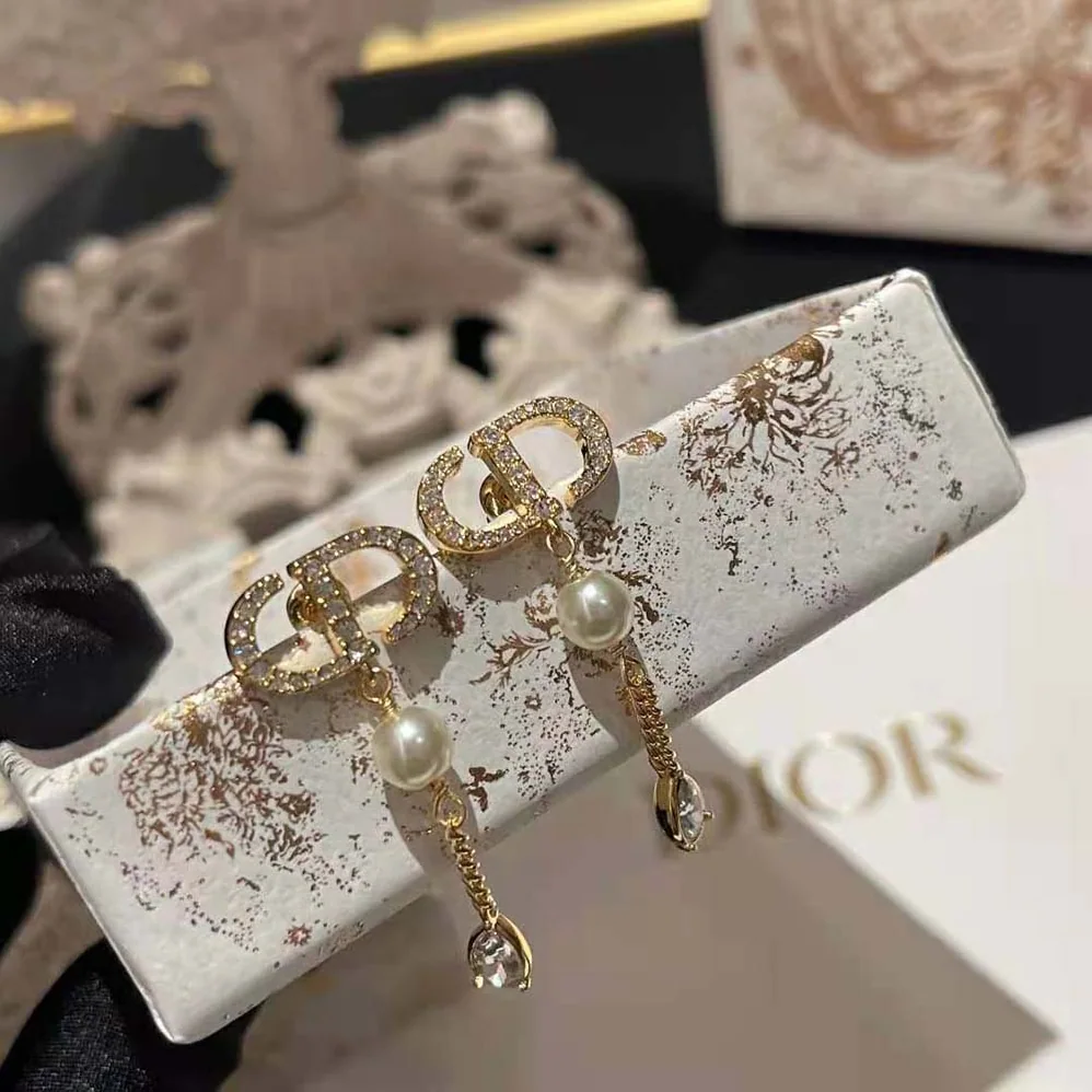 Dior Petit CD Earrings Gold-Finish Metal with White Resin Pearls for Women
