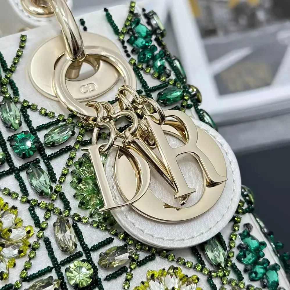 Dior Small Lady Dior Bag Metallic Calfskin and Satin with Celestial Green Bead Embroidery for Women Dior Small Lady Dior Bag Metallic Calfskin and Satin with Celestial Green Bead Embroidery for Women