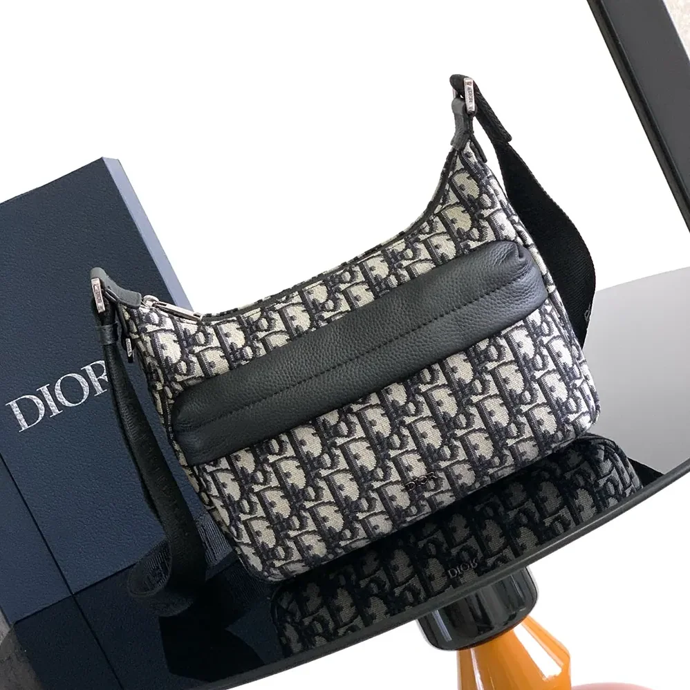 Dior Small Rider Soft Hobo Bag Beige and Black Dior Oblique Jacquard with Black Grained Calfskin for Men Dior Small Rider Soft Hobo Bag Beige and Black Dior Oblique Jacquard with Black Grained Calfskin for Men