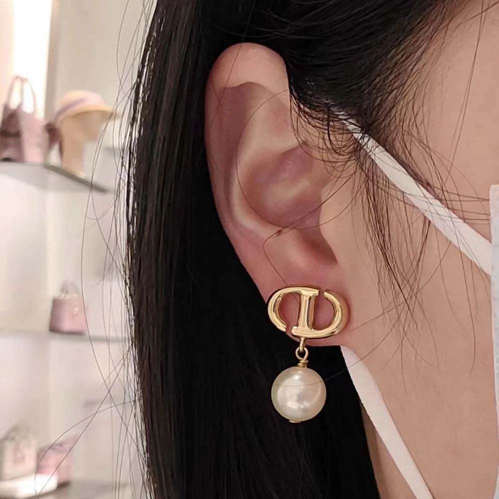 Dior CD Navy Earrings Gold-Finish Metal and White Resin Pearls for Women