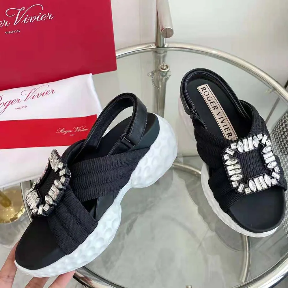 Roger Vivier Viv' Run Light Strass Buckle Sandals in Fabric for Women in Black Roger Vivier Viv' Run Light Strass Buckle Sandals in Fabric for Women in Black