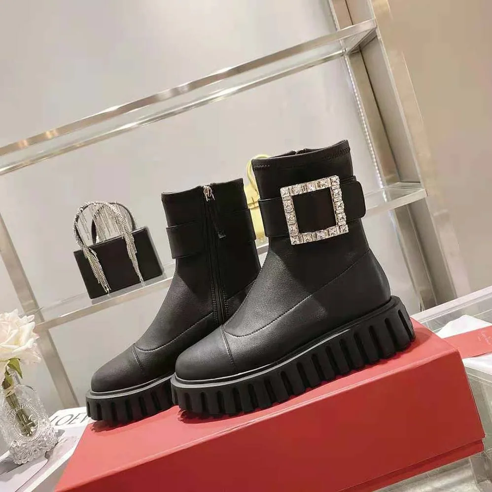 Roger Vivier Viv' Go-Thick Rhinestone Buckle Stretch Ankle Boots in Soft Leather for Women Roger Vivier Viv' Go-Thick Rhinestone Buckle Stretch Ankle Boots in Soft Leather for Women