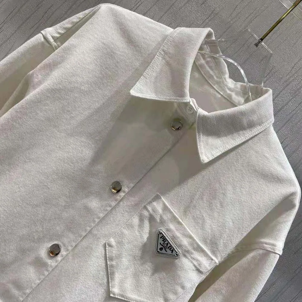 Prada Oversized Organic Denim Shirt for Women in White Prada Oversized Organic Denim Shirt for Women in White