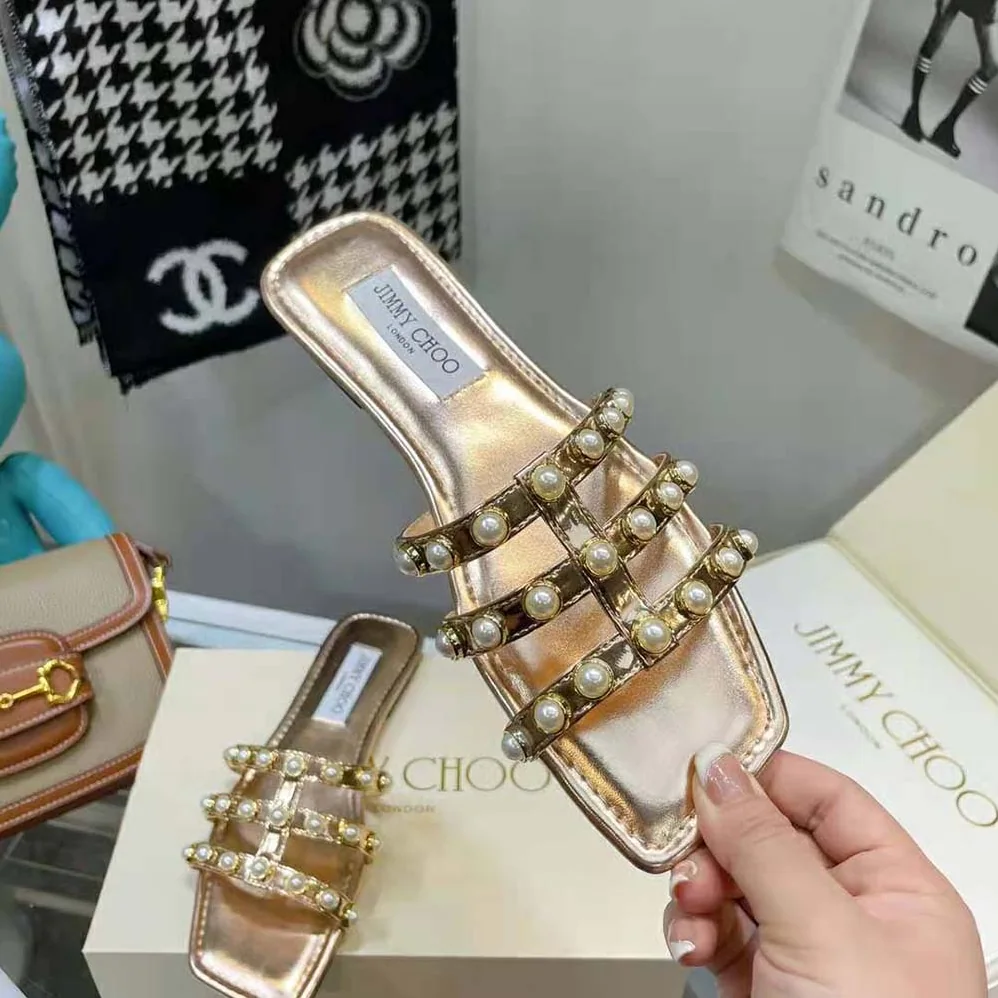 Jimmy Choo Hazal Flat Gold Liquid Metal Leather Flats with Pearl Studs for Women Jimmy Choo Hazal Flat Gold Liquid Metal Leather Flats with Pearl Studs for Women