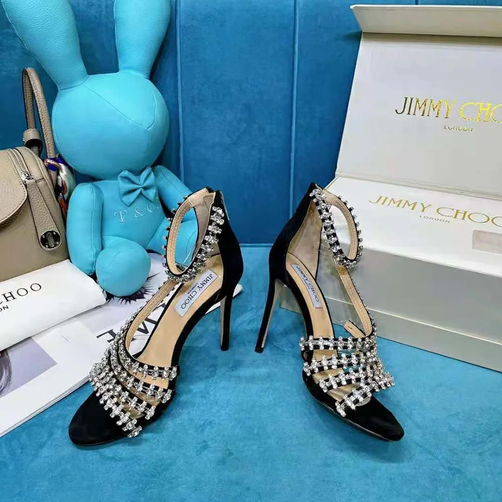 Jimmy Choo Josefine 100 Black Suede Sandals with Crystal Embellishment for Women Jimmy Choo Josefine 100 Black Suede Sandals with Crystal Embellishment for Women