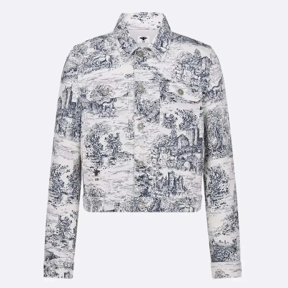 Dior Jacket White Cotton Denim with Blue Toile de Jouy Scotland Motif for Women Dior Jacket White Cotton Denim with Blue Toile de Jouy Scotland Motif for Women
