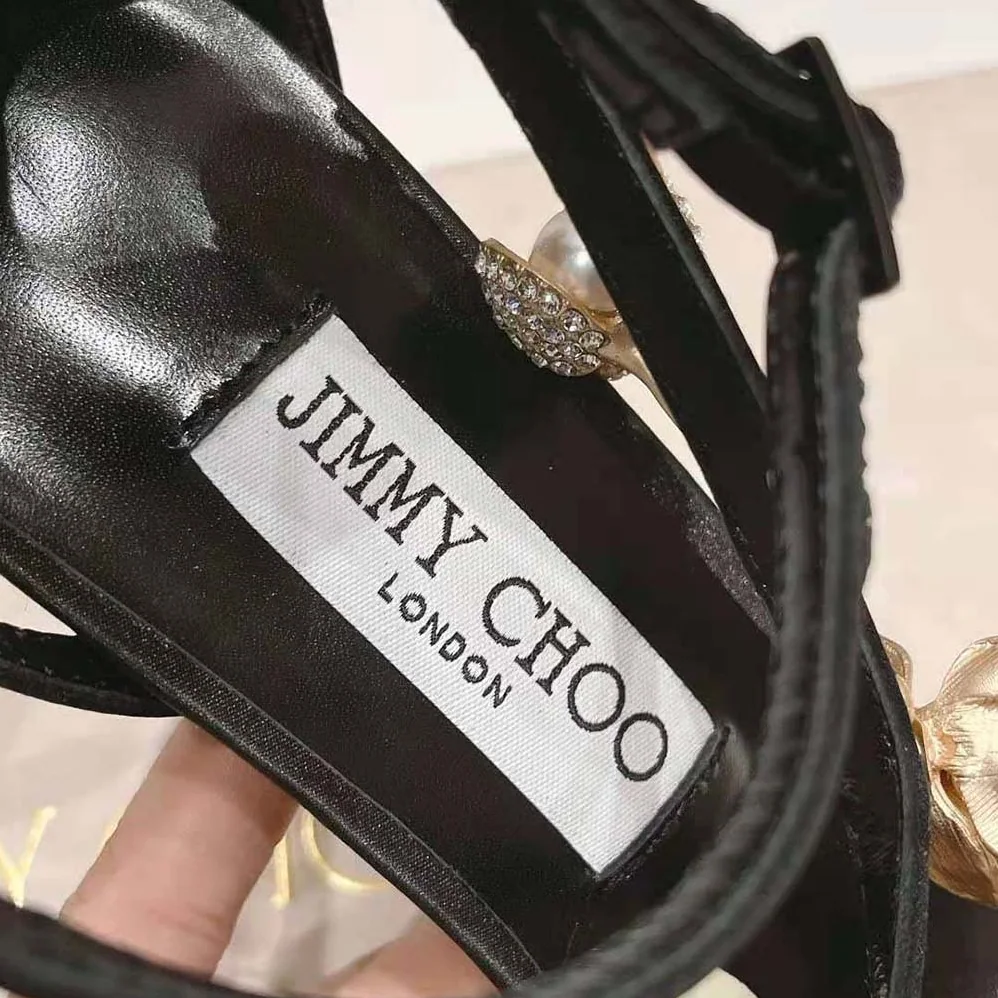 Jimmy Choo Zea 95 Black Satin Sandals with Metal Flowers-ZEA95BGU for Women Jimmy Choo Zea 95 Black Satin Sandals with Metal Flowers-ZEA95BGU for Women