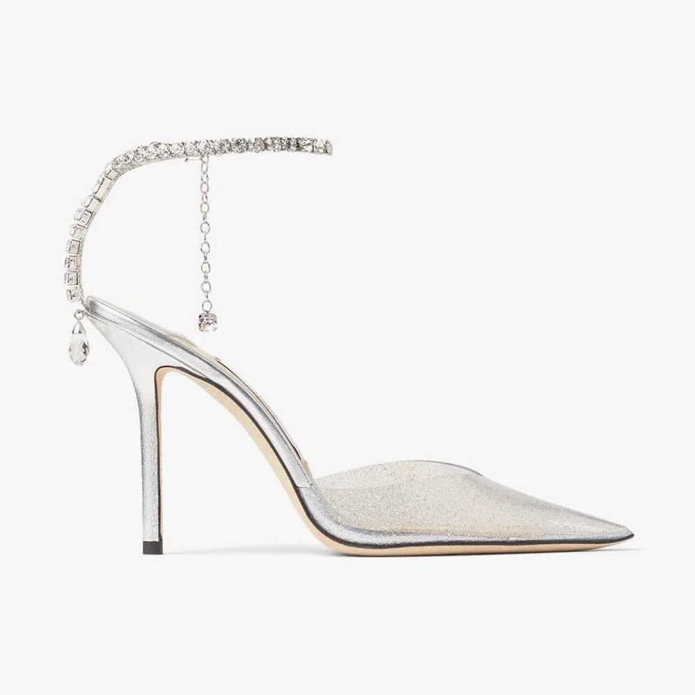 Jimmy Choo Saeda 100 Silver Glitter Plexi Pumps with Crystal Embellishment for Women
