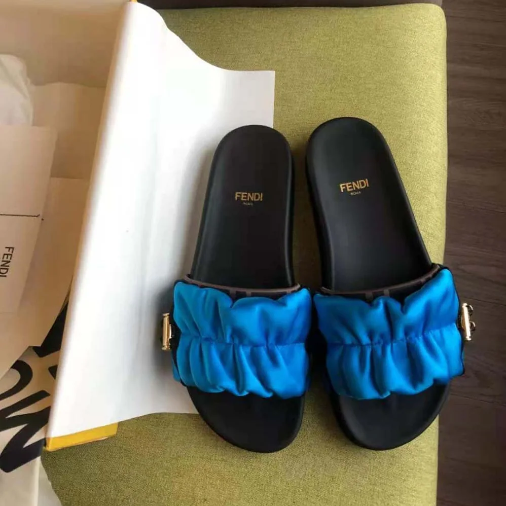 Fendi Vertigo Light Blue Satin Slides for Women