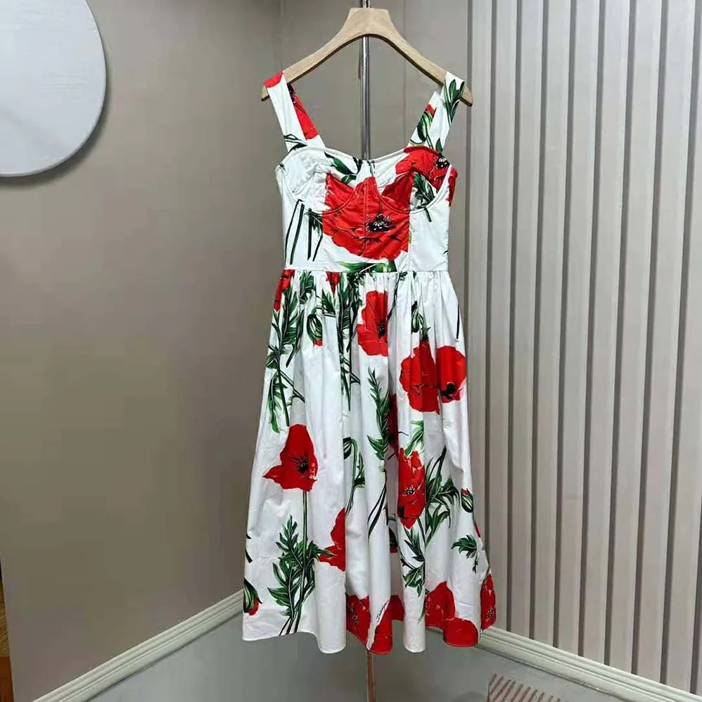 Dolce Gabbana D&G Poppy-Print Poplin Dress with Circle Skirt for Women