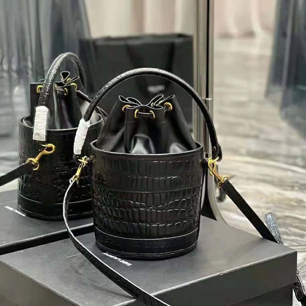 Saint Laurent YSL Bahia Small Bucket Bag in Crocodile for Women in Embossed Lacquered Leather Saint Laurent YSL Bahia Small Bucket Bag in Crocodile for Women in Embossed Lacquered Leather