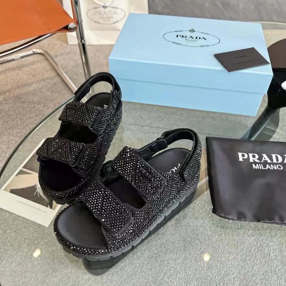 Prada Satin Sandals with Crystals for Women in Black Prada Satin Sandals with Crystals for Women in Black