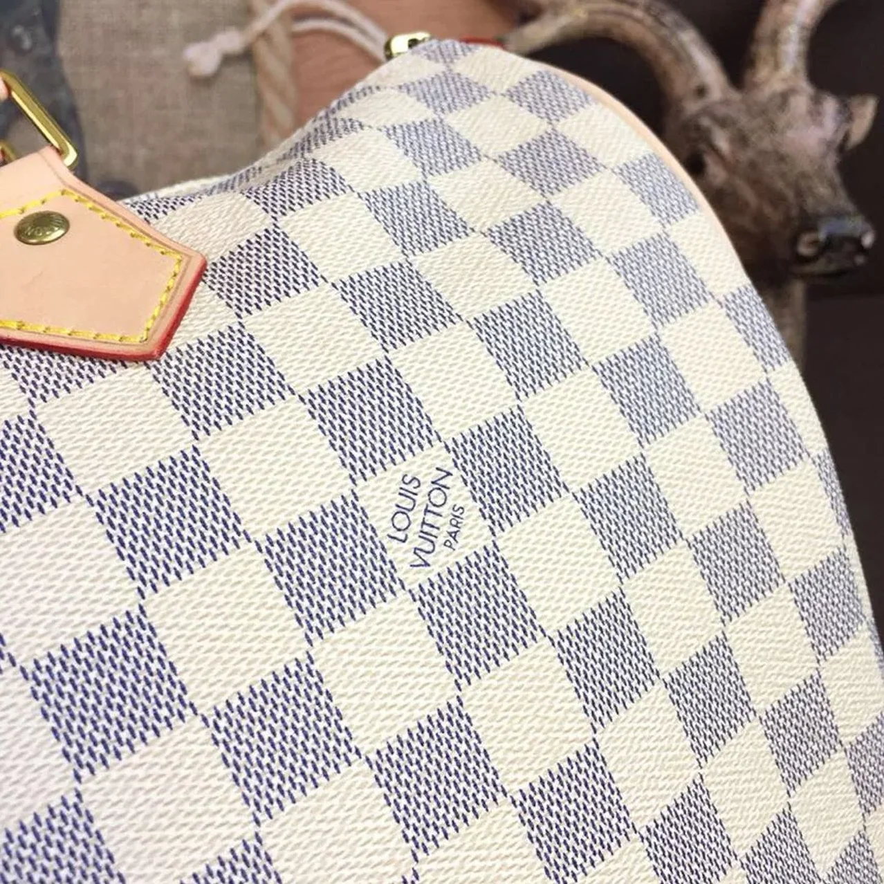 Louis Vuitton Speedy 35 Top Handle Bag / White Damier Azur Canvas Gold Hardware