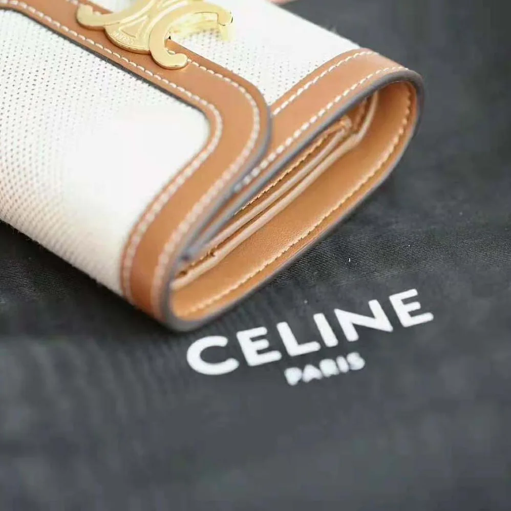 Celine Small Triomphe Wallet in Textile and Calfskin for Women in Brown Celine Small Triomphe Wallet in Textile and Calfskin for Women in Brown