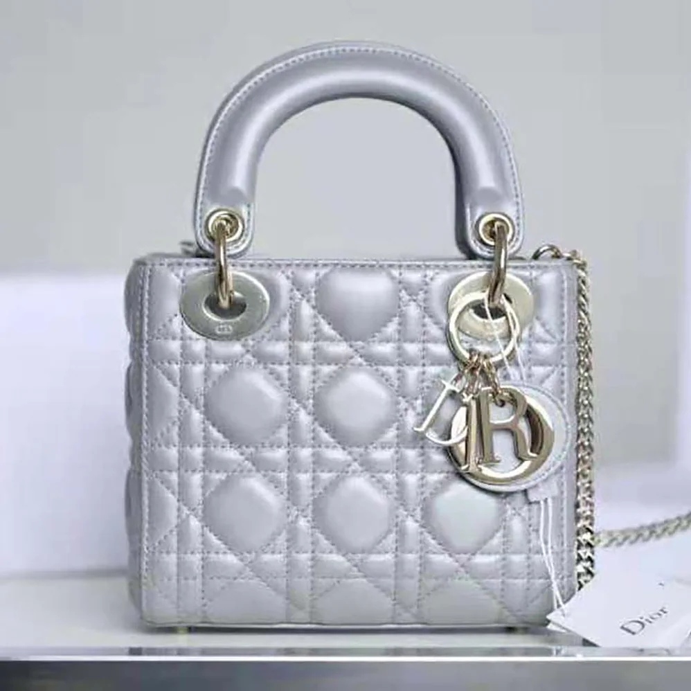 Dior Mini Lady Dior Bag Pearlescent Cannage Lambskin for Women in Silver