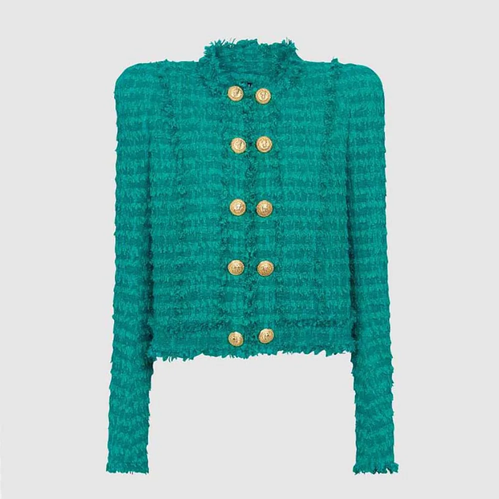 Balmain Fringed Tweed Jacket for Women in Green