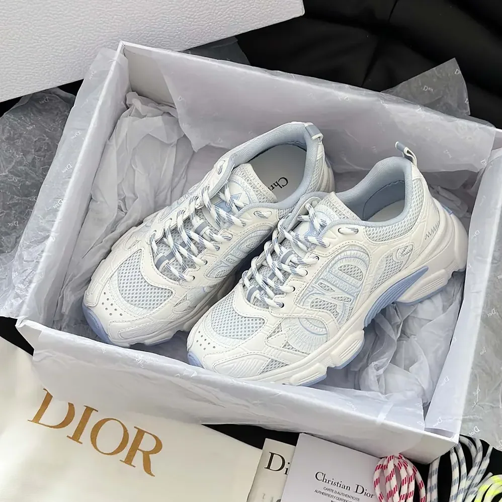 Dior Chrono Sneaker White and Sky Blue Mesh and Leather for Unisex in Effect Panels