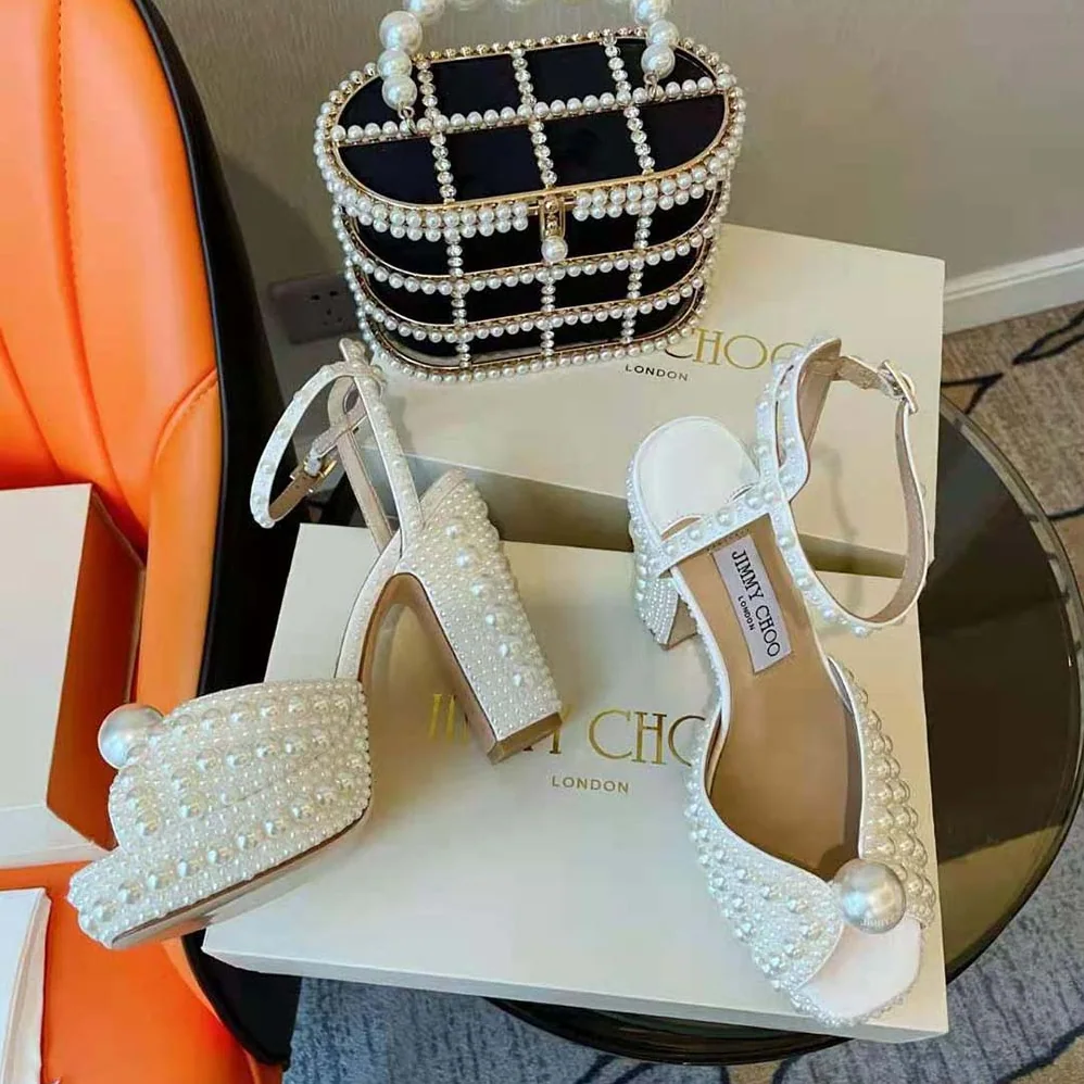 Jimmy Choo Sacaria/pf 120 White Satin Platform Sandals with All for Women in Over Pearl Embellishment