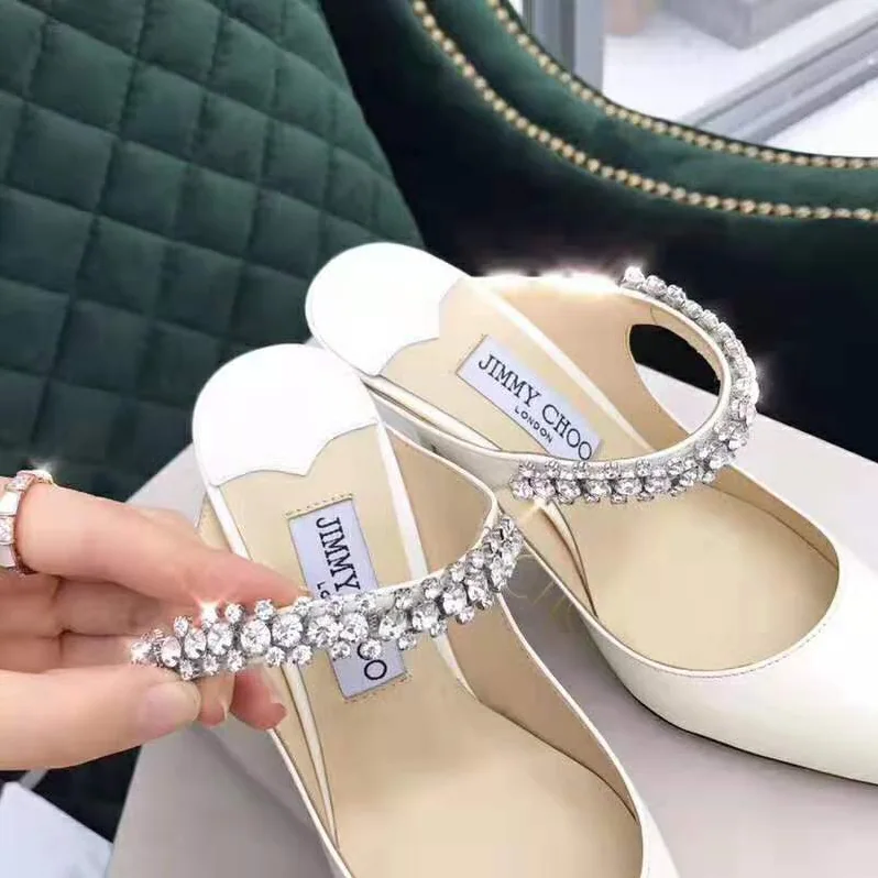 Jimmy Choo Shoes Bing 65 Linen Patent Leather Mules with Crystal Strap for Women Jimmy Choo Shoes Bing 65 Linen Patent Leather Mules with Crystal Strap for Women