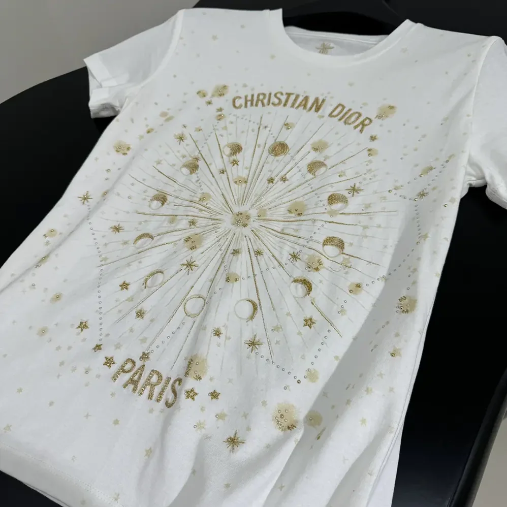 Dior Embroidered T-Shirt White Cotton Jersey with Gold for Women in Tone Dior Astral Motif