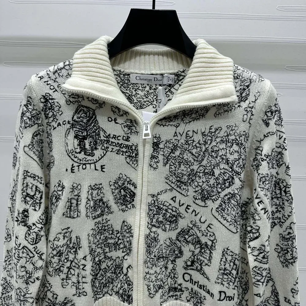 Dior DiorAlps Mock-Neck Cardigan White and Black Wool and Cashmere Knit for Women