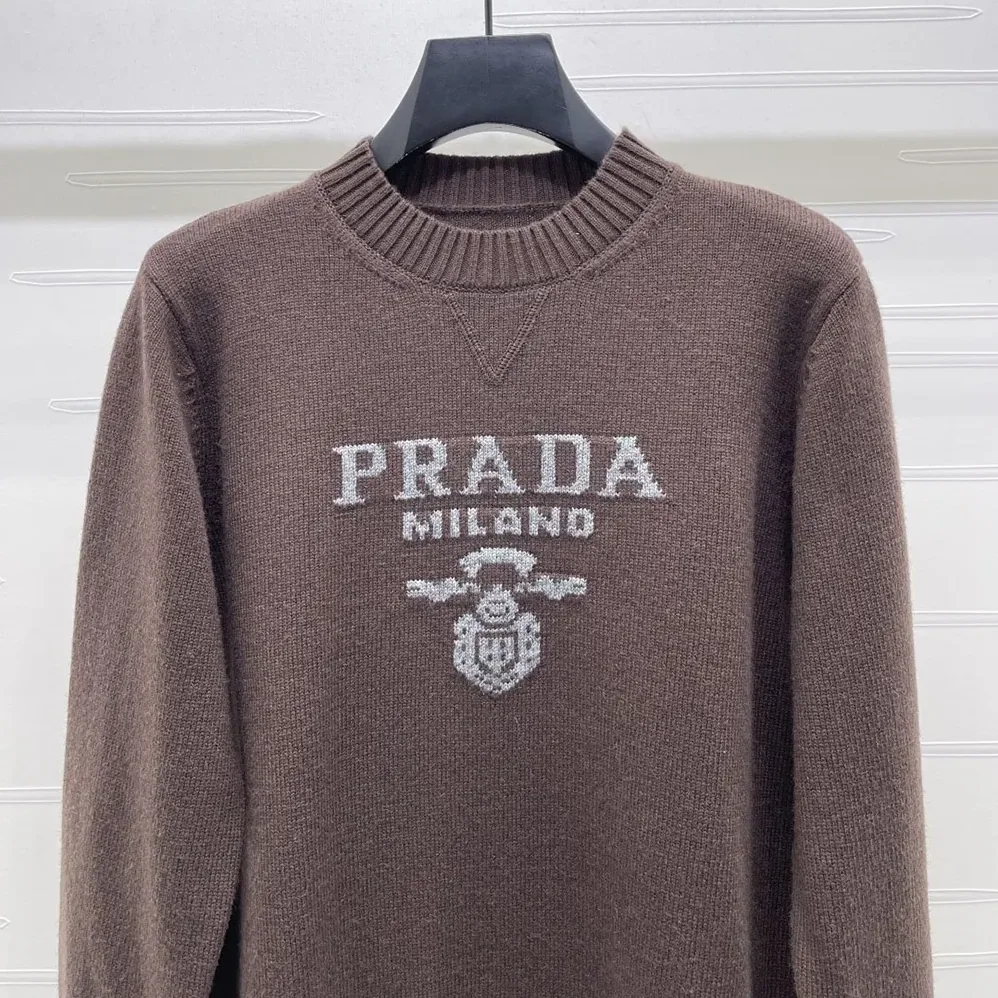 Prada Cashmere And Wool Prada Logo Crew-Neck Sweater for Men in Dark Brown