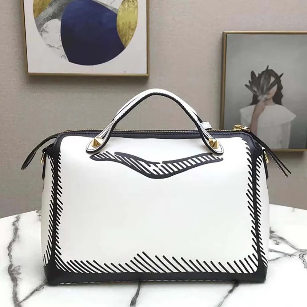 Fendi by the way Medium White Leather Printed Boston Bag for Women Fendi by the way Medium White Leather Printed Boston Bag for Women