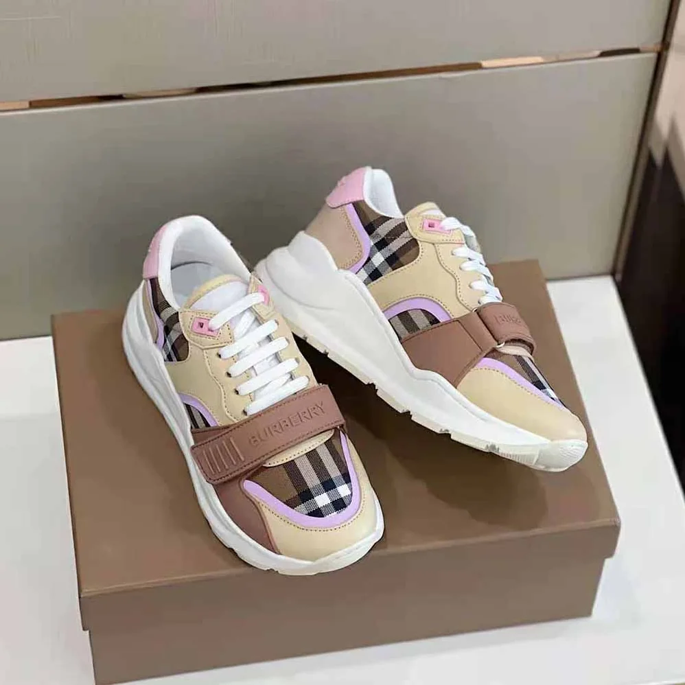 Burberry Check Cotton and Leather Sneakers for Women in Pink