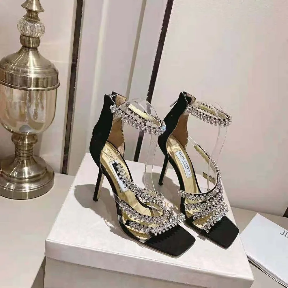 Jimmy Choo Josefine 100 Black Suede Sandals with Crystal Embellishment for Women Jimmy Choo Josefine 100 Black Suede Sandals with Crystal Embellishment for Women