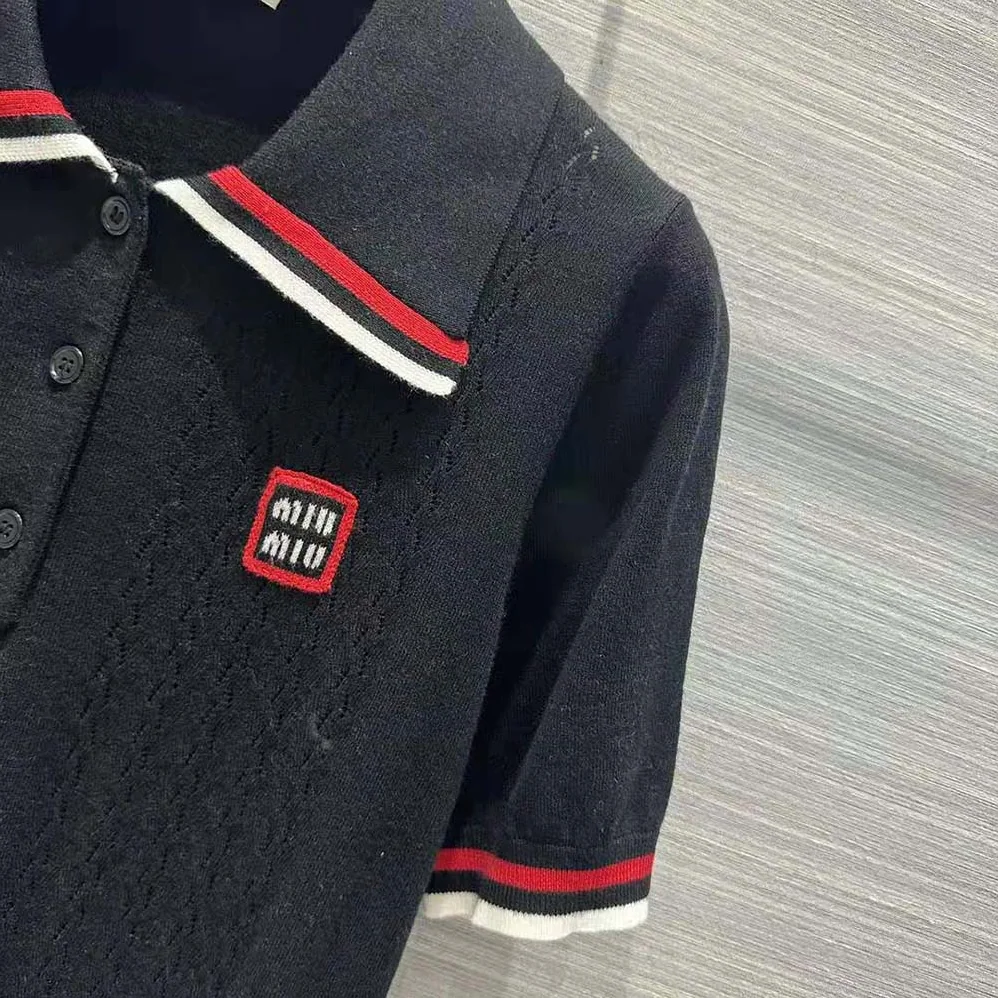 Miu Miu Cropped Silk and Cotton Polo Shirt for Women in Navy Miu Miu Cropped Silk and Cotton Polo Shirt for Women in Navy