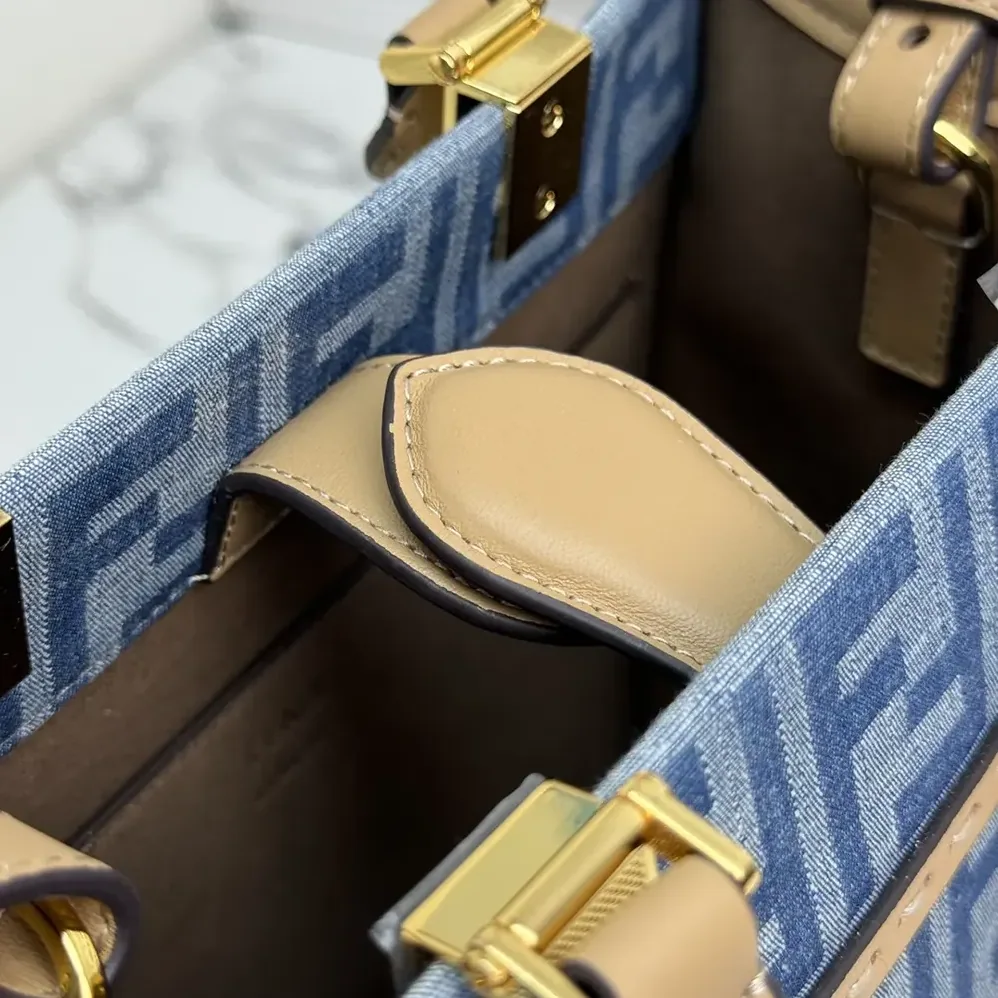 Fendi Sunshine Small Light Blue FF Denim Fabric Shopper for Women Fendi Sunshine Small Light Blue FF Denim Fabric Shopper for Women